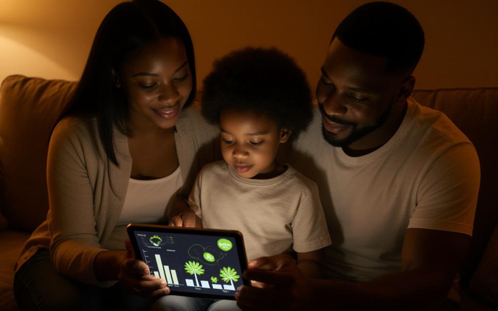 Gezin dat energieverbruik monitort op een tablet